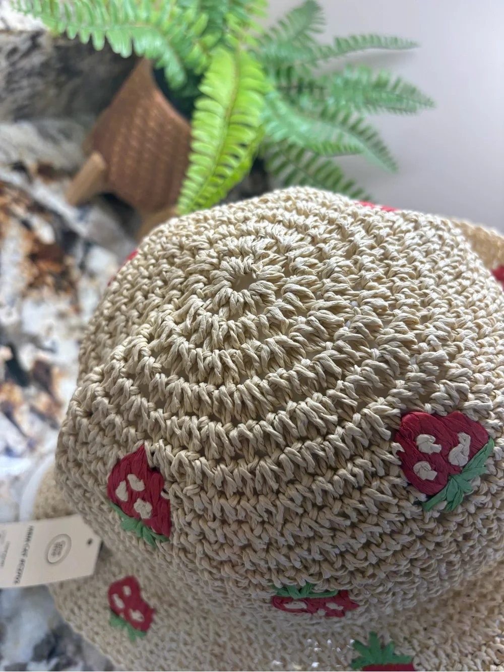 🍓 Straw Knit Bucket Hat with Red Strawberry Embroidery 🍓